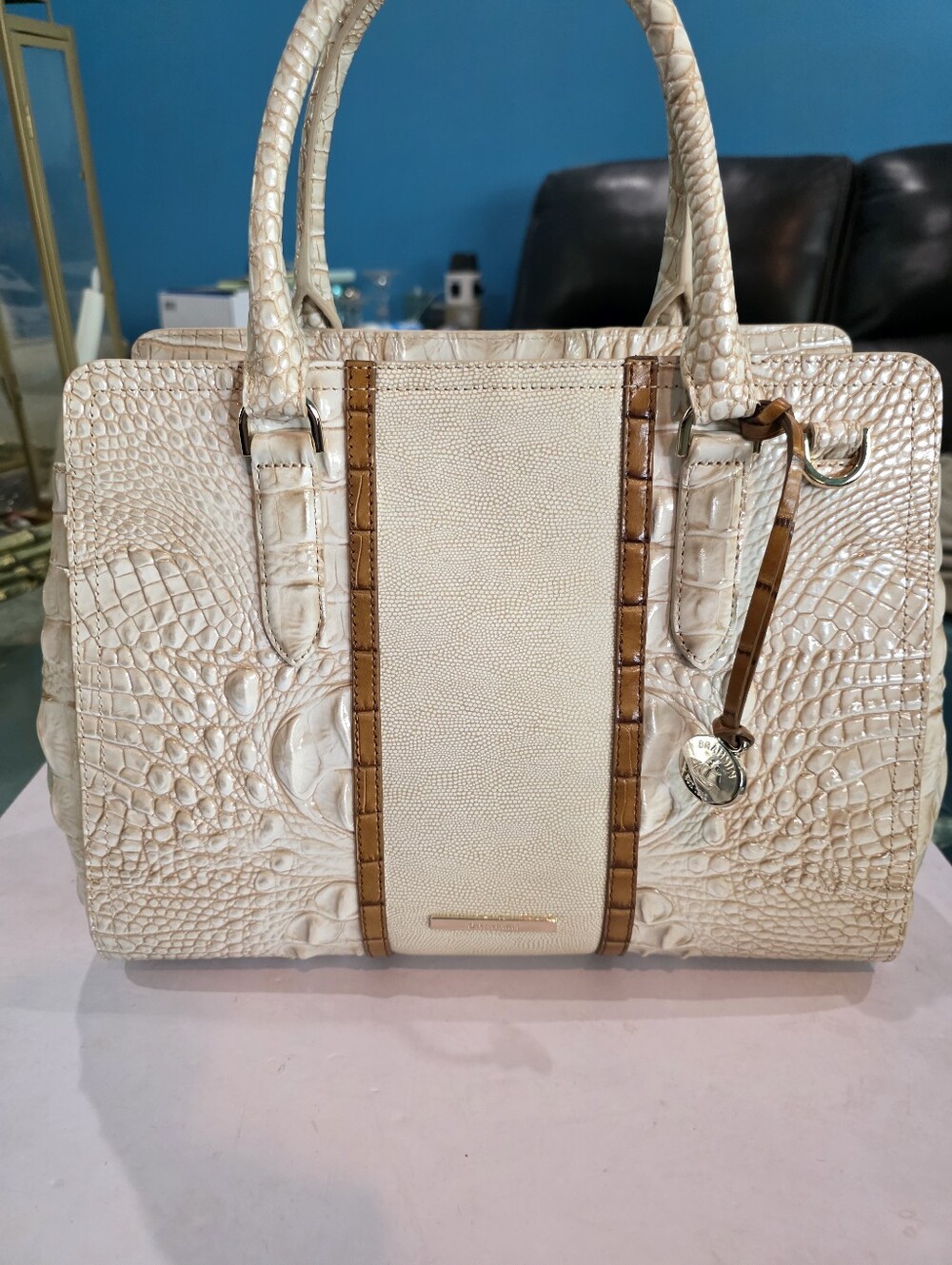 New Brahmin Elegant Croc-Embossed Cream Finley Satchel